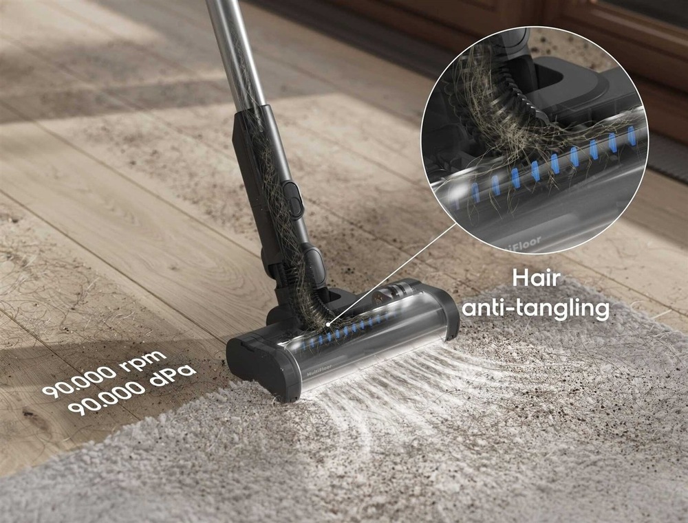 Tyčový vysávač Electrolux 500 Ultimate EP51UH18DB modrý hubica MultiFloor nasáva nečistoty z koberca aj tvrdej podlahy. Detail na technológiu proti namotávaniu vlasov.
