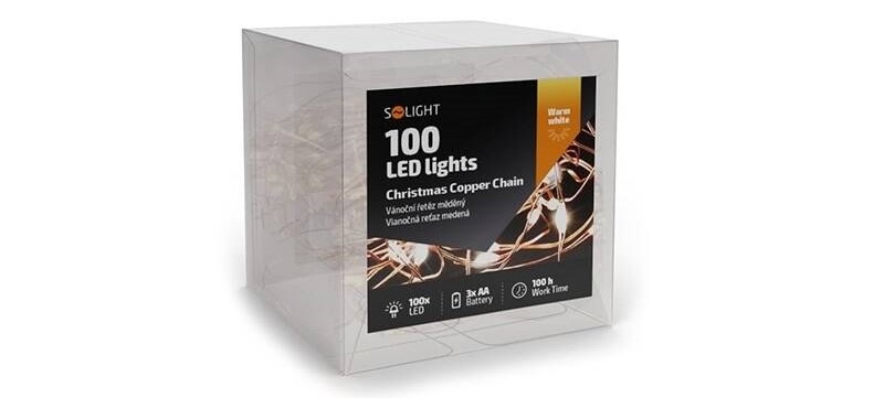 Vianočné osvetlenie Solight reťaz medený, 100x mini LED, 10m, 3 x AA, teplá biela