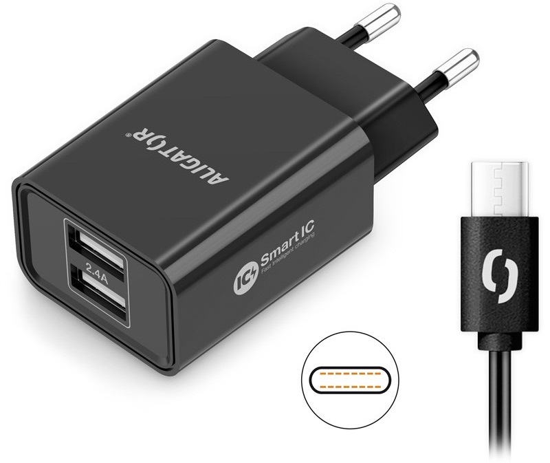 Nabíjačka do siete Aligator 2,4A, 2xUSB, smart IC, USB-C kábel čierna