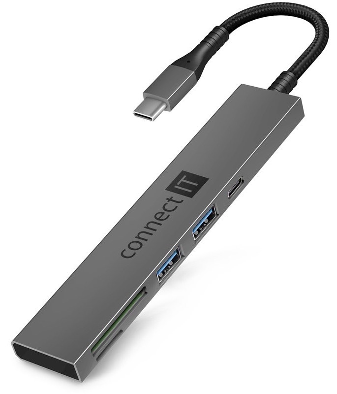 USB Hub Connect IT CompactPRO USB-C + čtečka karet, (2xUSB-A 3.0, 1xUSB-C) antracitová farba