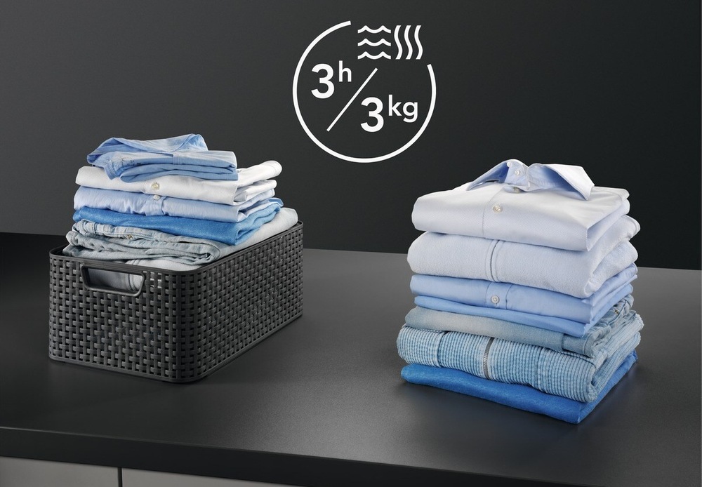 Dve kôpky zloženej bielizne na stole. Nad nimi symbol programu 3h/3kg