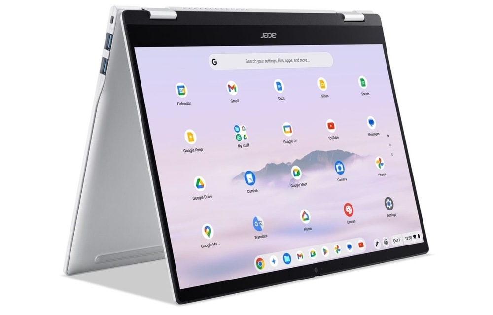 Notebook Acer Chromebook Plus Spin 514 (CP514-5HN-K65H) strieborný Notebook Acer Chromebook Plus Spin 514 (CP514-5HN-K65H) postavený do pozície stanu
