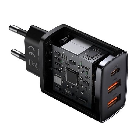 Nabíjačka do siete Baseus 2x USB-A, 1x USB-C, 30W čierna Nabíjačka do siete Baseus 2x USB-A, 1x USB-C, 30W čierna