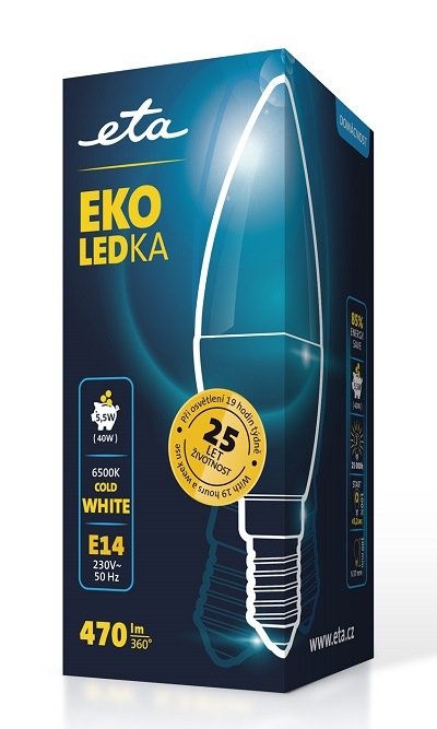 LED žiarovka ETA EKO LEDka sviečka 5,5W, E14, studená biela Žiarovka LED ETA EKO sviečka 5,5W, E14, studená biela