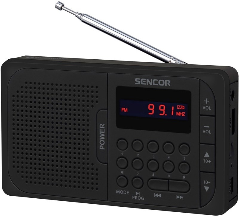 Prenosné rádio Sencor s teleskopickou anténou a FM displejom, bočný pohľad.