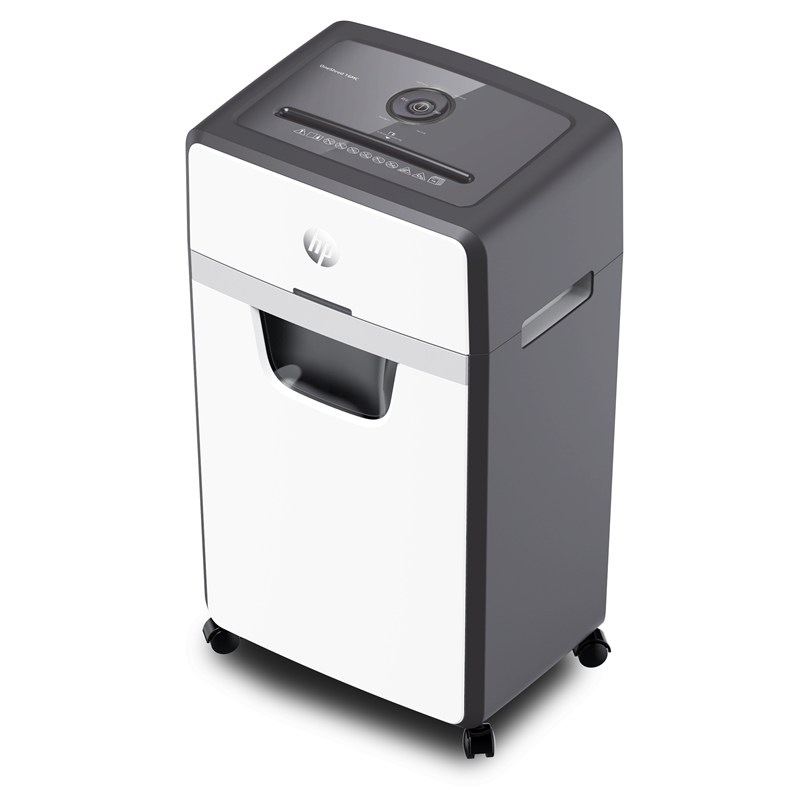 Skartovačka HP OneShred 16MC v bielej farbe.