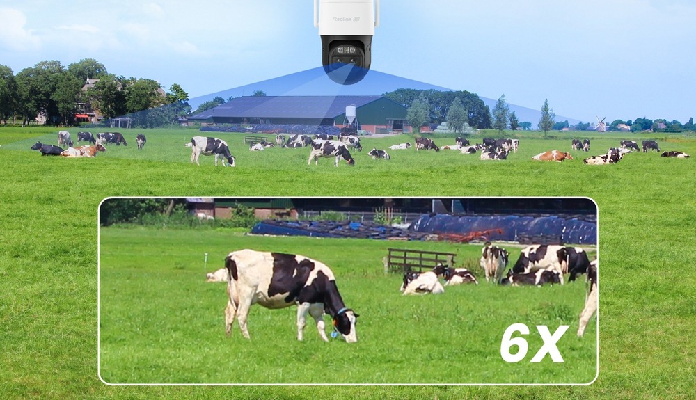 IP kamera Reolink Trackmix Series G790 + Solar Panel Plus batériová 4G biela 6× zoom a duálny objektív kombinujú široký záber s detailným priblížením bez straty kvality.