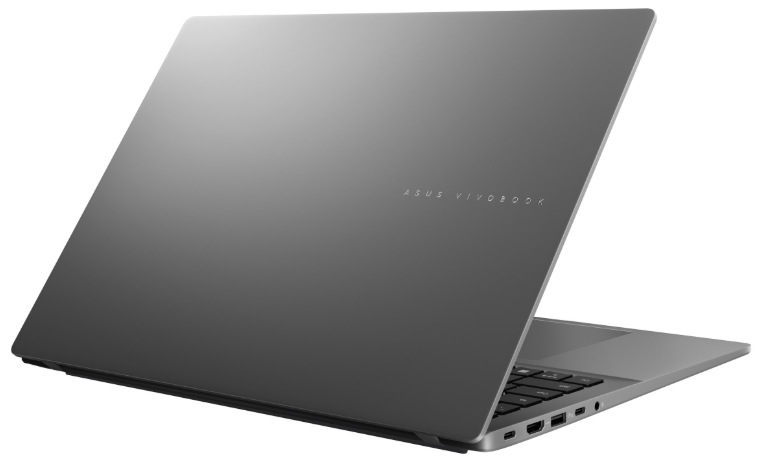 Zadný pohľad na ASUS Vivobook S16 s matne šedým vekom a bočnými konektormi