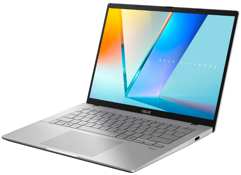 ASUS Vivobook S14 v striebornom prevedení s viditeľným USB portom na pravom boku