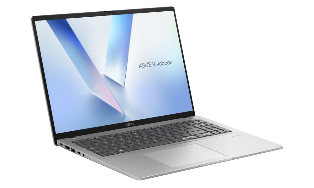 Otvorený a zapnutý notebook Asus Vivobook 16 natočený doprava