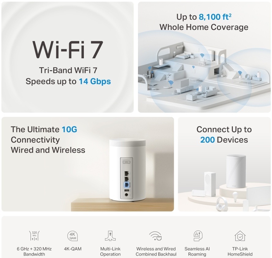 Kompletný Wi-Fi systém TP-Link Deco BE68 (1 ks) biely Prehľad funkcií Deco BE68: Wi-Fi 7 tri-band 14 Gbps, pokrytie 753 m2, 200 zariadení.