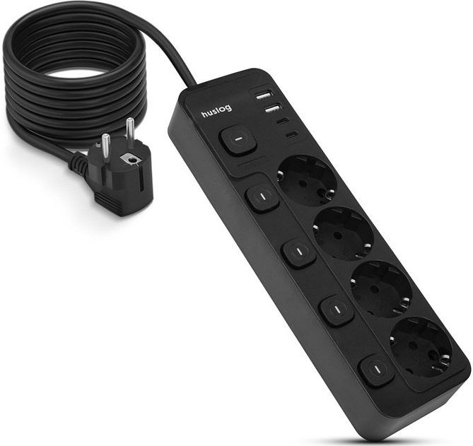 Predlžovací kábel Huslog 15W so 4 zásuvkami, 2 portami USB-C, 2 porty USB a 5 vypínačmi