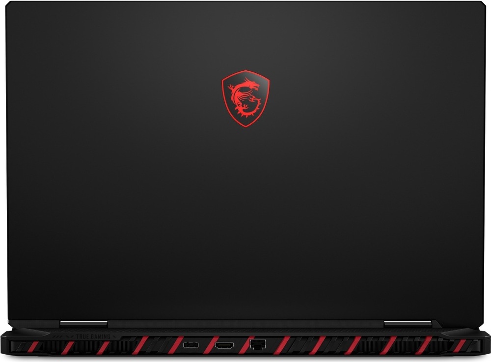Notebook MSI Raider 18 Max HX A2WI-1042CZ čierny Zadný pohľad na MSI Raider 18 Max HX A2W s červeným logom draka a rozhraním Thunderbolt 5″ width=