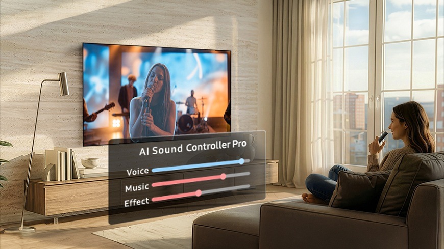 Televízor Samsung QE83S92H žena sedí na gauči v obývačke a zosilňuje hlas speváčky v tv