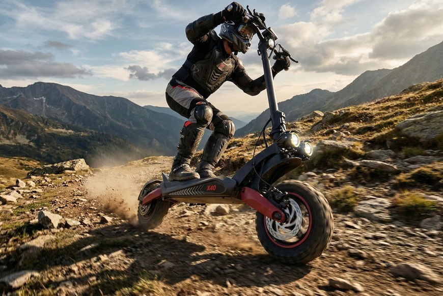 Elektrická kolobežka Sencor SCOOTER X40 čierna Elektrická kolobežka Sencor SCOOTER X40 pri dynamickej jazde v horskom teréne.