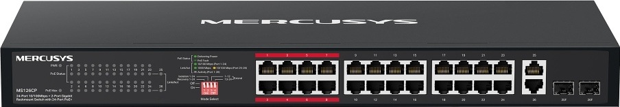 Switch Mercusys MS126CP (MS126CP) čierny Čelný pohľad na rackový switch Mercusys MS126CP s 24 portami RJ45 PoE+, dvoma gigabitovými portami RJ45, dvoma slotmi SFP, stavovými kontrolkami a prepínačmi režimov.