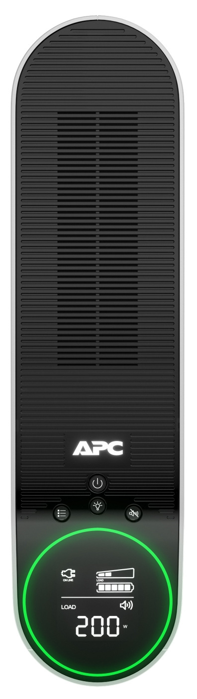 Na obrázku je horný pohľad na záložný zdroj APC Pro 2200VA for Gaming. Je to vysoká čierna veža so zaobleným vrchom a celou prednou stranou tvorenou jemnou vetracou mriežkou. Približne v dolnej tretine je svietiace logo APC. Úplne dole je veľký okrúhly LCD displej so zeleným svetelným krúžkom, ktorý ukazuje ikony stavu a veľké číslo „200 W“. Nad displejom sú tlačidlá, vrátane tlačidla napájania.