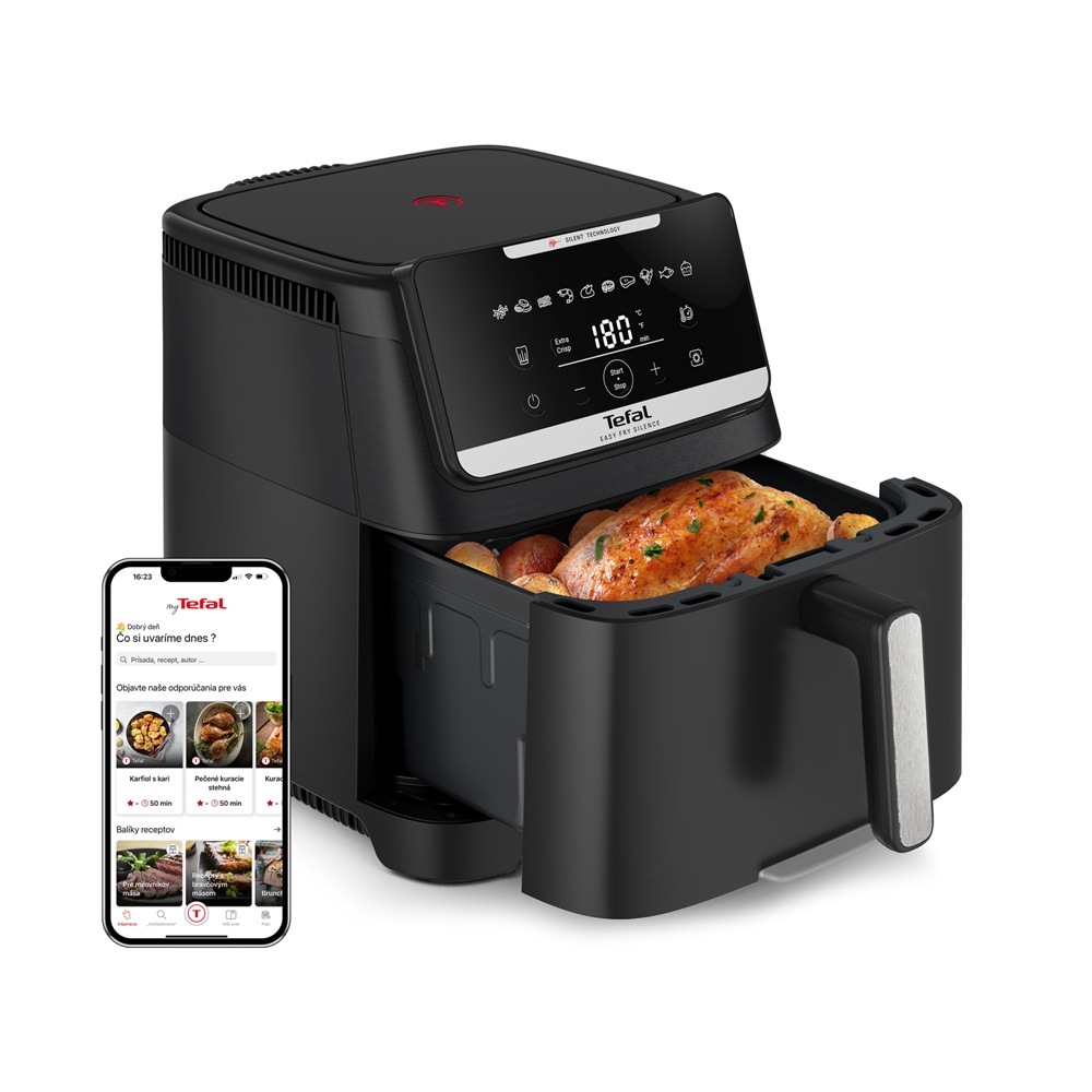 Fritéza teplovzdušná Tefal Easy Fry Silence EY8428E0, 7 l čierna Fritéza teplovzdušná Tefal EY8428E0 Easy Fry Silence a vedľa nej telefón s mobilnou aplikáciou