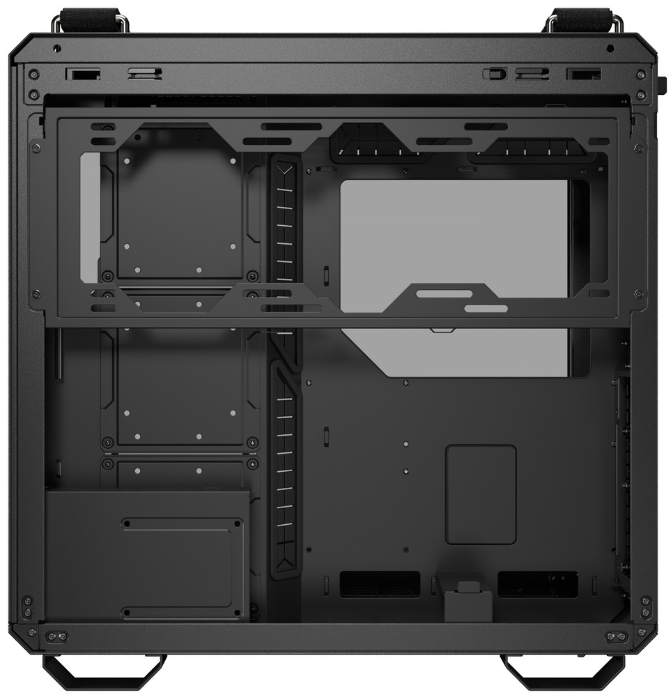 Case Asus TUF GAMING GT502 HORIZON čierna Pri pohľade do skrine cez pravý bok (so zloženou bočnicou) je vidieť hlavne „servisnú“ komoru: vľavo je prepážka s veľkými priechodmi pre káble do hlavného priestoru a napravo perforované montážne plochy pre držiaky/úložiská a prípadne ventilátory či radiátor. Hore je priestor pre trojicu 120mm ventilátorov/radiátor (typicky 360 mm) a dole je otvorený tunel/časť pre zdroj a vedenie kabeláže, aby všetko zostalo schované a interiér pôsobil čisto.