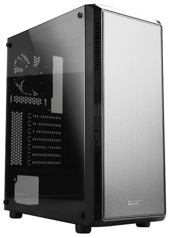Na obrázku je PC skriňa Zalman S4, čierna/strieborná. Je to klasická čierna veža s priehľadnou bočnicou (tónované sklo), cez ktorú je vidieť vnútro a perforáciu pre ventilátor. Predná strana je výrazne iná - tvorí ju hladký strieborný panel orámovaný čiernym rámom, dole s malým logom Zalman. Skriňa stojí na štyroch krátkych nôžkach a pôsobí jednoducho, bez podsvietenia.