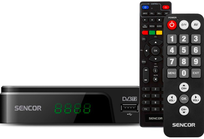 Set-top box Sencor SDB 525T SENIOR s displejom a dvoma diaľkovými ovládačmi pre DVB-T2