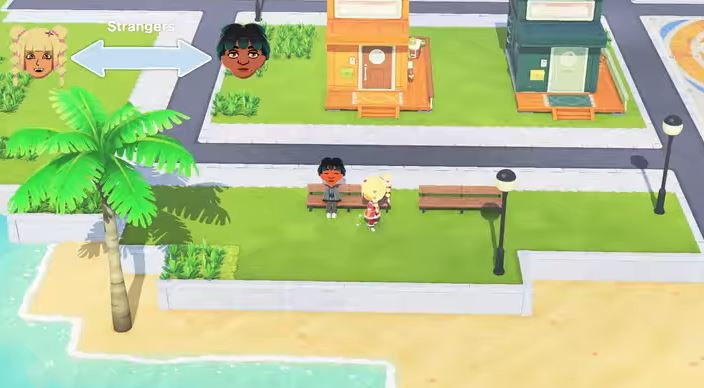 Scéna z hry Tomodachi Life Living the Dream zobrazuje dve postavy na trávnatej ploche pri pláži. V pozadí sú dva malé domy. Vidíme palmu a lavičku.