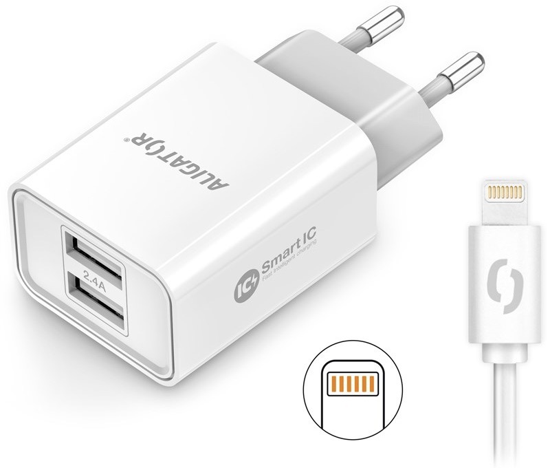 Nabíjačka do siete Aligator 2,4A, 2xUSB, smart IC, USB kábel pre Apple biela