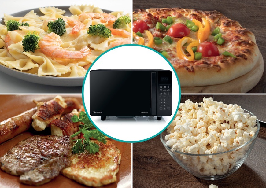 Mikrovlnná rúra Hisense H20MOBS4HS Stirrer čierna Na strede obrázku je v krúžku mikrovlnná rúra Hisense H20MOBS4HS v čiernom prevedení. Okolo mikrovlnky sú naznačené automatické predvoľby s ktorými si pripravíte napríklad popcorn, mäso, cestoviny či pizzu.