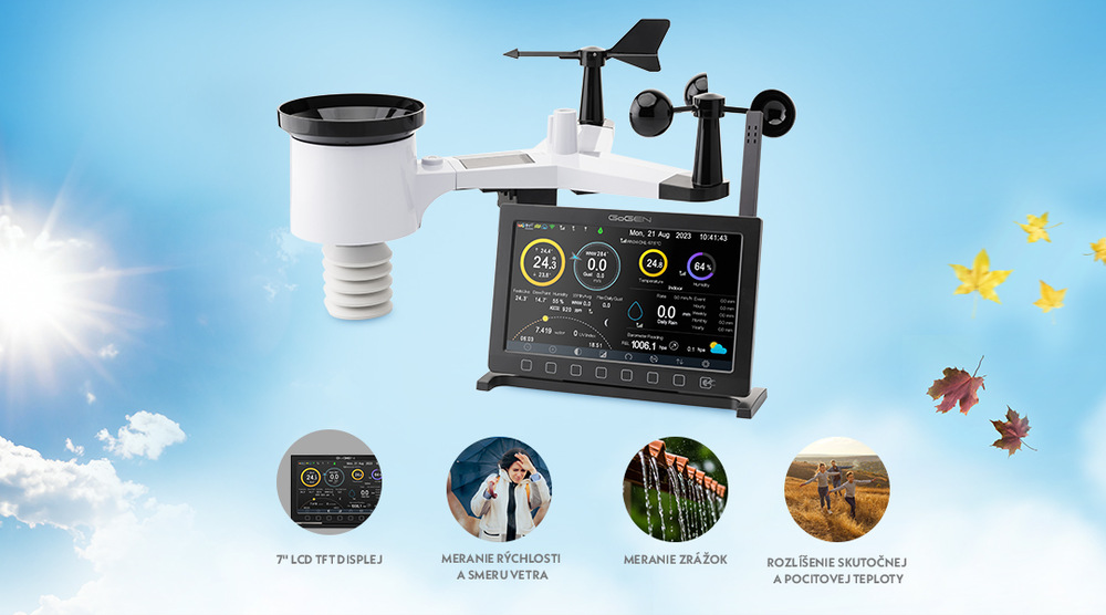 Všesmerový senzor, ktorý zahŕňa veternú koruhvu, anemometer a dažďový zberač pre meteostanicu GoGEN ME 7900″ width=