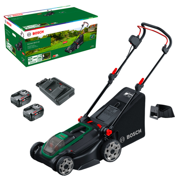 Akumulátorová kosačka Bosch ROTAK 18V2-43 s dvoma batériami 4,0 Ah, nabíjačkou a košom 50 l