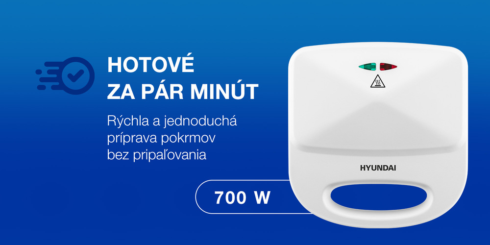 Sendvičovač Hyundai SM629 biely Detailný pohľad na horné veko bieleho sendvičovača Hyundai SM 629 so svetelnými kontrolkami prevádzky a nahriatia