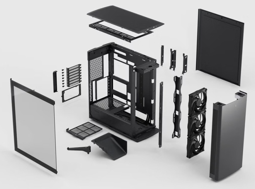 Case FRACTAL DESIGN Define One Dark TG Light Tint čierna Rozložená konštrukcia skrine FRACTAL DESIGN Define One Dark TG Light Tint s tvrdeným sklom, panelmi, ventilátormi a držiakmi