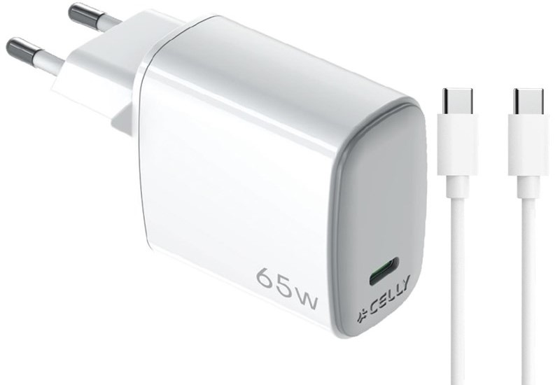Nabíjačka do siete Celly 1x USB-C GaN, 6 W + USB-C kábel - biela