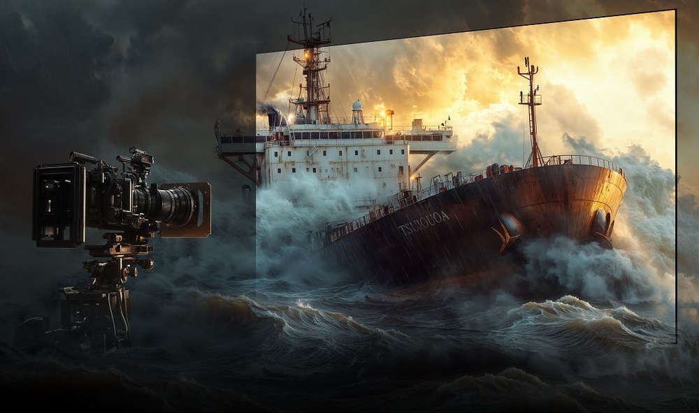 Lod vypláva z obrazovky televízie Hisense. Pred ňou je kamera, je to znázornenie filmového režimu, ktorý zachováva pôvodné parametre obrazu.