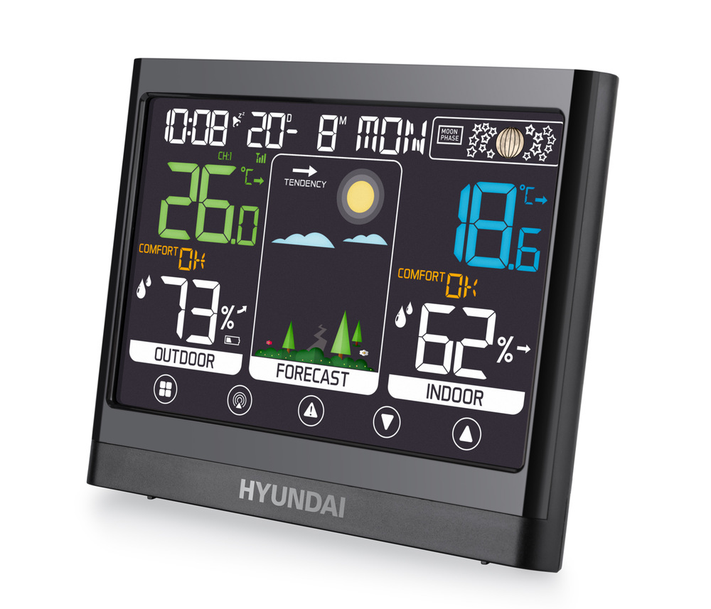 Hlavná jednotka meteostanice Hyundai WS 2450, natočená z boku, zobrazujúca namerané dáta