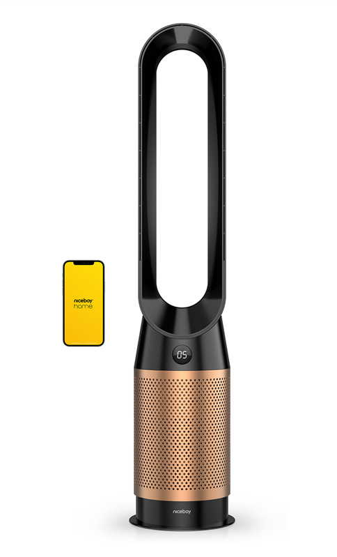 Stĺpový ventilátor Niceboy Tower PRO, čierna a zlatá farba.