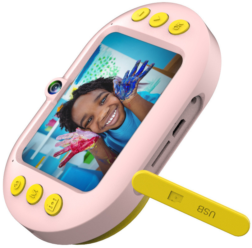 Digitálny fotoaparát AgfaPhoto Realikids Water Proof ružový Vodeodolný fotoaparát AgfaPhoto Realikids Cam Waterproof postavený na stojane.
