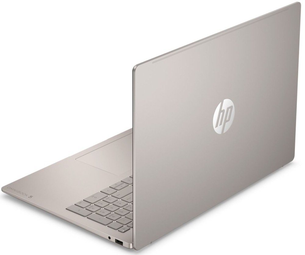 Notebook HP OmniBook 5 16-bp0001ncx + Game Pass předplatné na 2 měsíce béžový Zadný pohľad na notebook HP OmniBook 5 s logom HP na veku