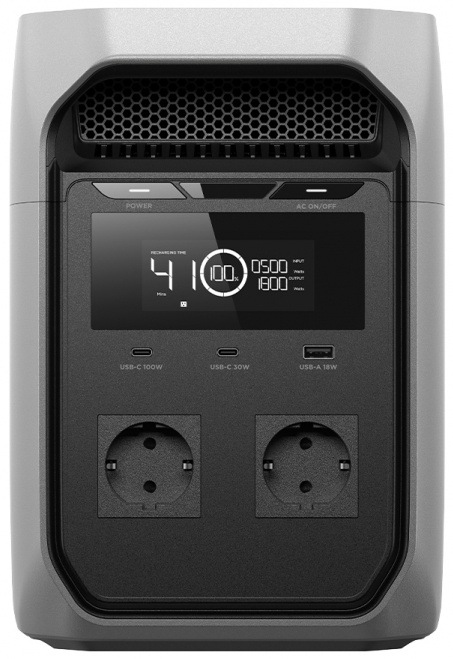 Nabíjacia stanica EcoFlow DELTA 3 Classic (1024 Wh) sivá Predný panel EcoFlow DELTA 2 s displejom, USB portami a dvoma AC zásuvkami.