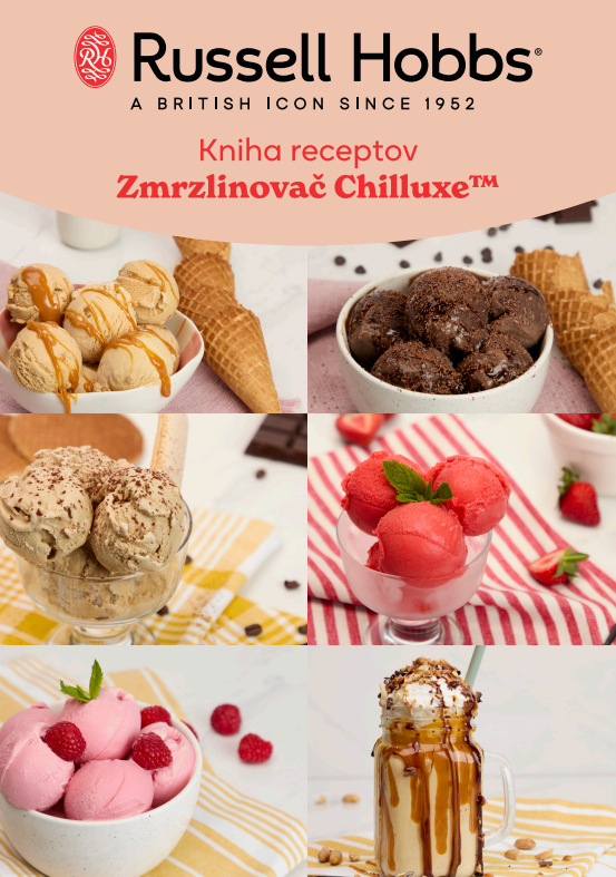 Zmrzlinovač RUSSELL HOBBS Chilluxe 28750-56 béžová Koláž šiestich fotografií rôznych druhov zmrzliny a mliečneho koktailu v miskách a pohároch, doplnených o ovocie, vafľové kornútky a sladké polevy.