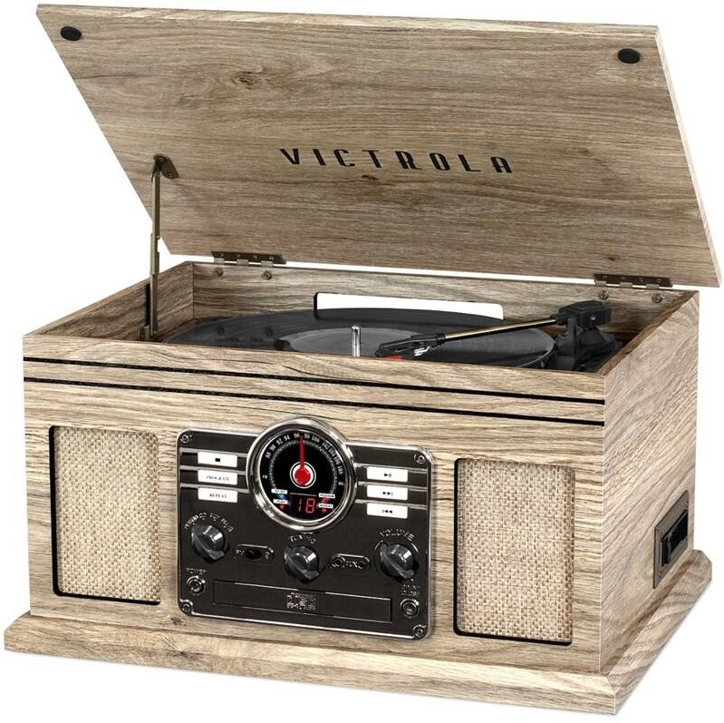 Gramofón Victrola VTA-200B béžový Retro gramofón Victrola Empire s prenoskou a ihlou nad vinylovou doskou