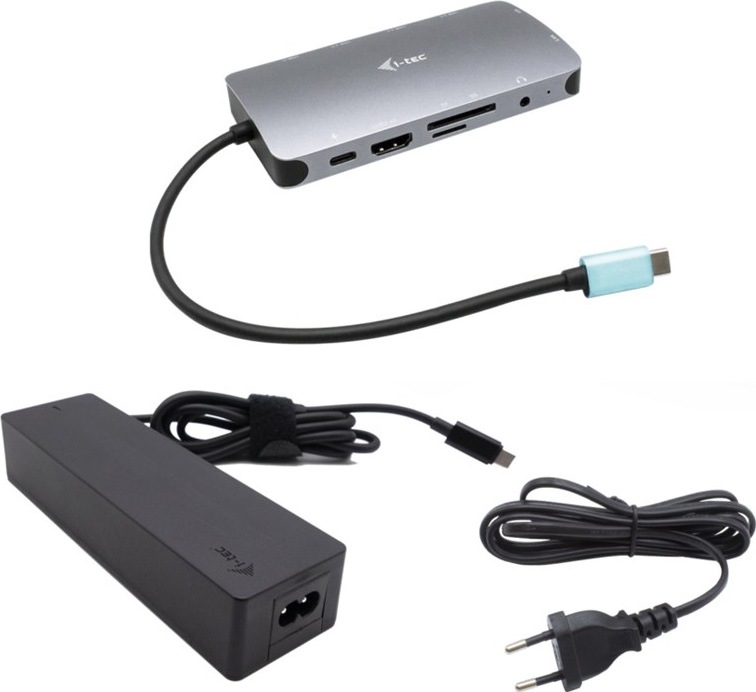 Dokovacia stanica i-tec s USB-C káblom, 100W napájacím adaptérom a sieťovým káblom.