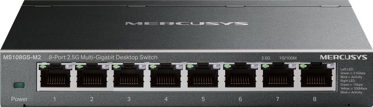 Switch Mercusys MS108GS-M2 (MS108GS-M2) čierny Predný pohľad na čierny switch Mercusys MS108GS-M2 s ôsmimi portami RJ45 a LED kontrolkami.