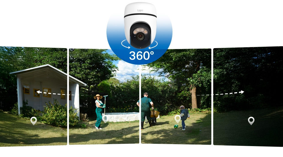 Ukážka 360° záberu IP kamery TP-Link Tapo C630 KIT sledujúci dianie na záhrade
