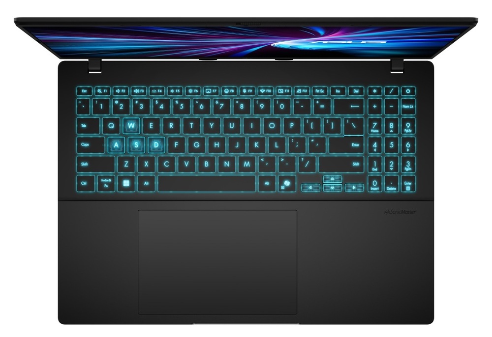 Notebook Asus V16 čierny Pohľad zhora na klávesnici notebooku Asus V16