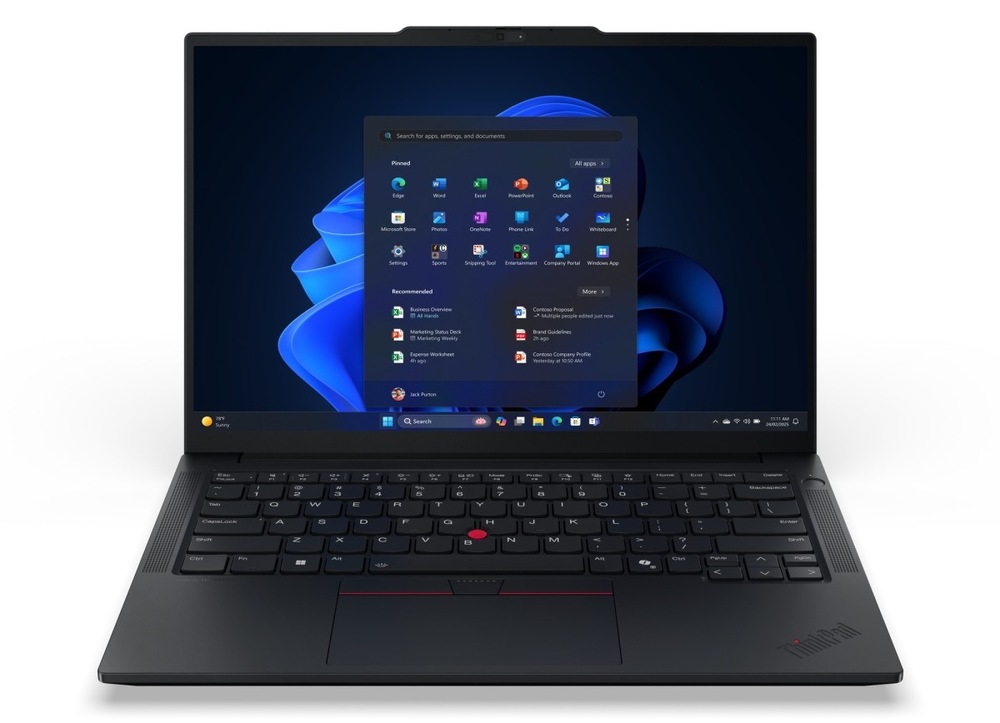 Notebook Lenovo ThinkPad E14 Gen 7 čierny Otvorený a zapnutý notebook Lenovo ThinkPad E14 Gen 7 spredu