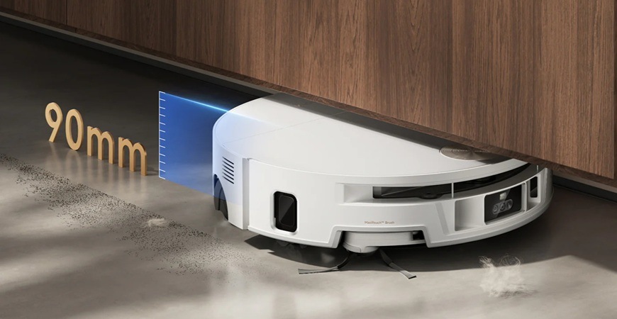 Robotický vysávač MOVA S70 Ultra Roller čierny Detail obrázku robotického vysávača pod nábytkom.