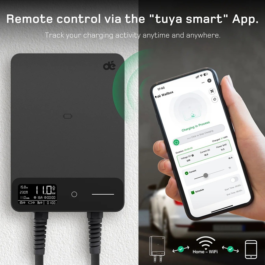 Nástenná nabíjacia stanica dé pro elektromobily 11kW s 7,5m kabelem, verze s CZ aplikací čierna Tuya smart aplikácia v mobile.