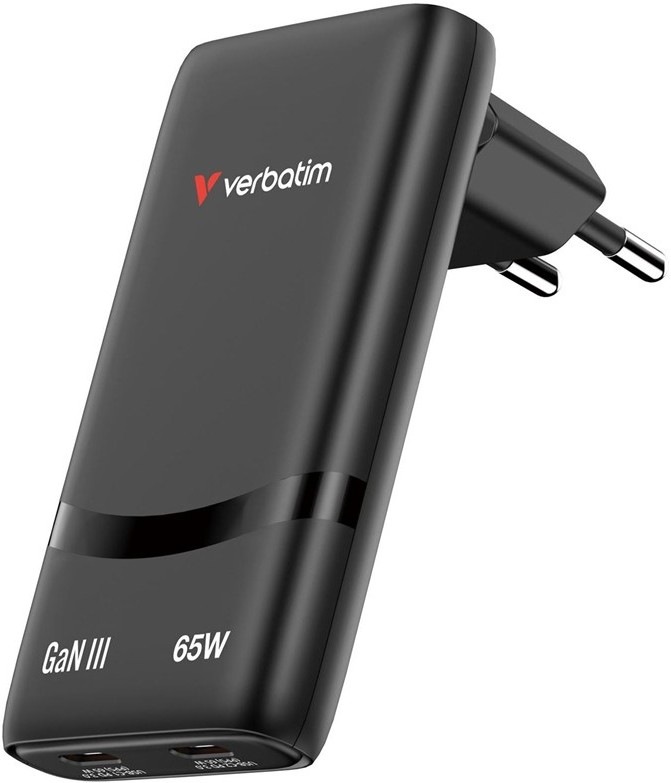Nabíjačka do siete Verbatim Fold 'n' Go 65W, 2×USB-C PD3.0 - čierna