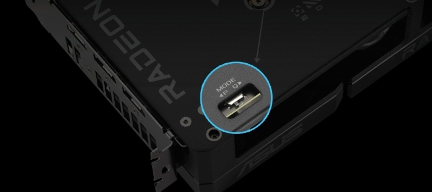 Grafická karta Asus Dual AMD Radeon RX 9060 XT 8GB čierna Prepínač BIOS režimov Asus Dual RX 9060 XT umožňujúci voľbu medzi tichým a výkonným profilom